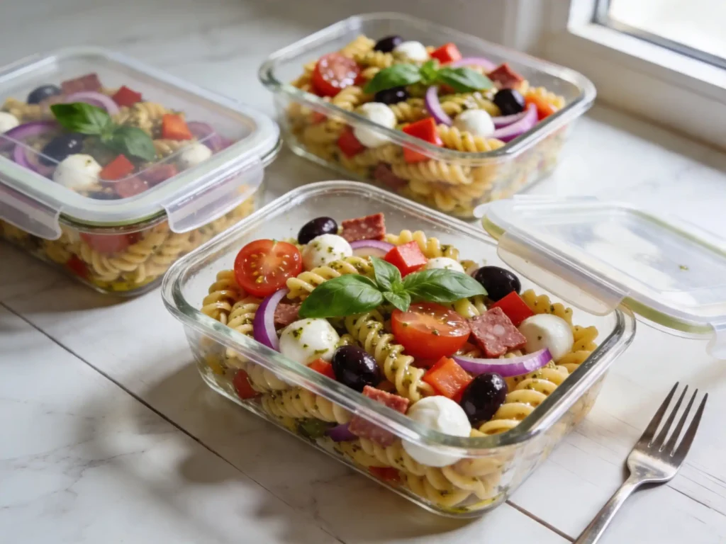 Detailed close-up of easy Italian pasta salad showing dressing-coated pasta and fresh mix-ins.