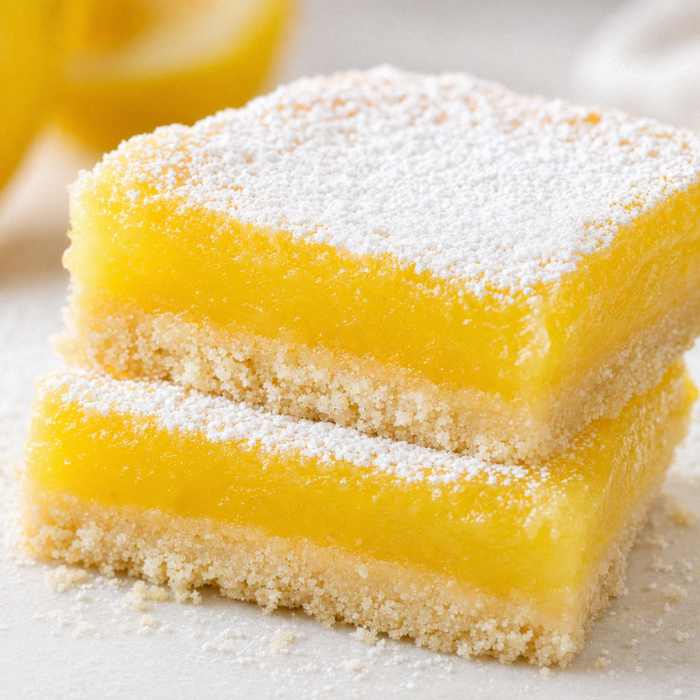 Close-up of easy lemon bars showing smooth lemon filling and buttery shortbread crust