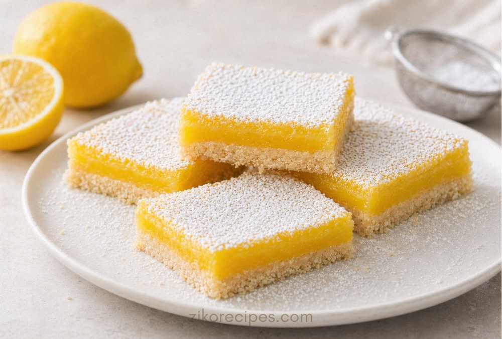 Easy lemon bars with a buttery shortbread crust and bright lemon filling dusted with powdered sugar