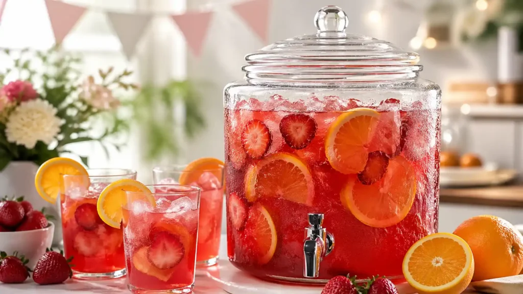 Easy party punch in a glass drink dispenser with orange slices and strawberries