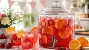 Easy party punch in a glass drink dispenser with orange slices and strawberries