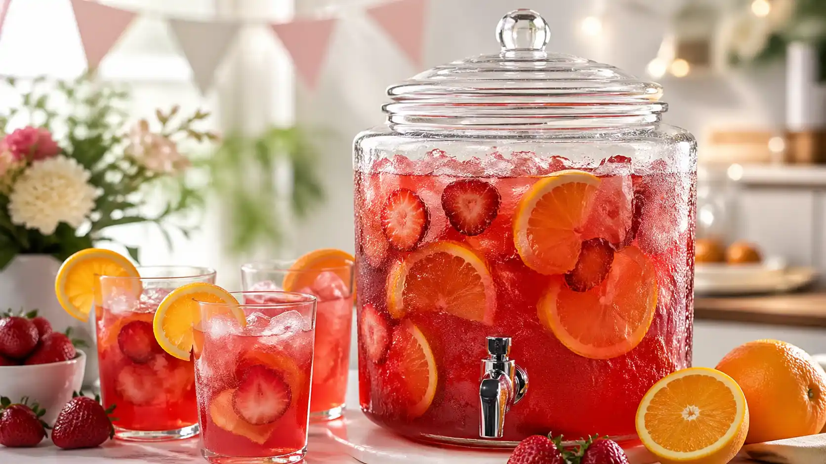 Easy party punch in a glass drink dispenser with orange slices and strawberries