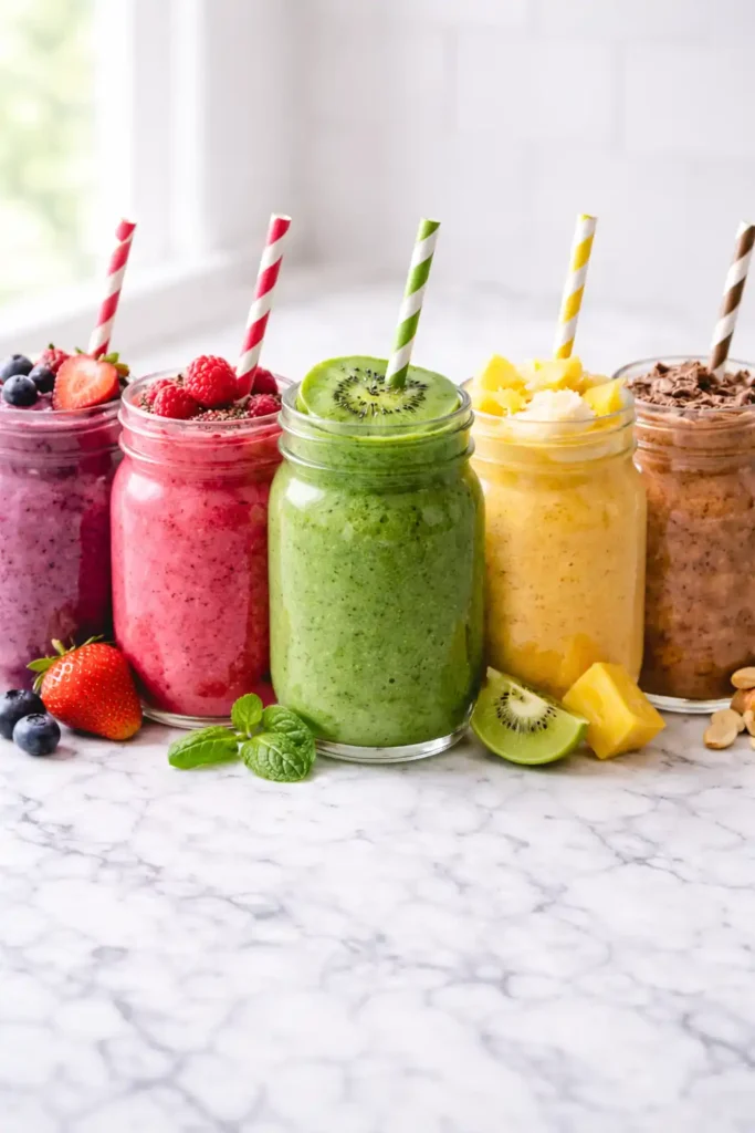 Five smoothie without banana recipes including berry raspberry green tropical and peanut butter