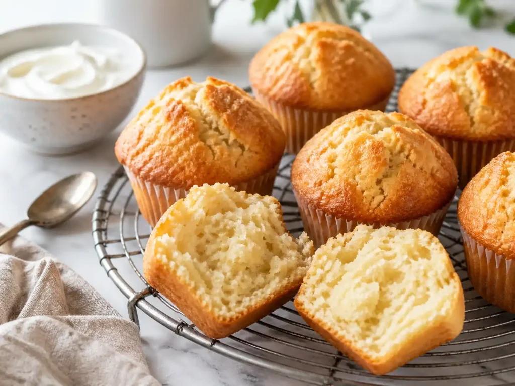 Moist Greek yogurt muffins with tall golden tops on a cooling rack