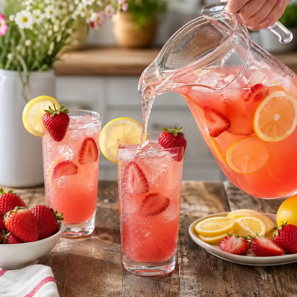 Homemade strawberry lemonade poured over ice with lemon and strawberry garnish

