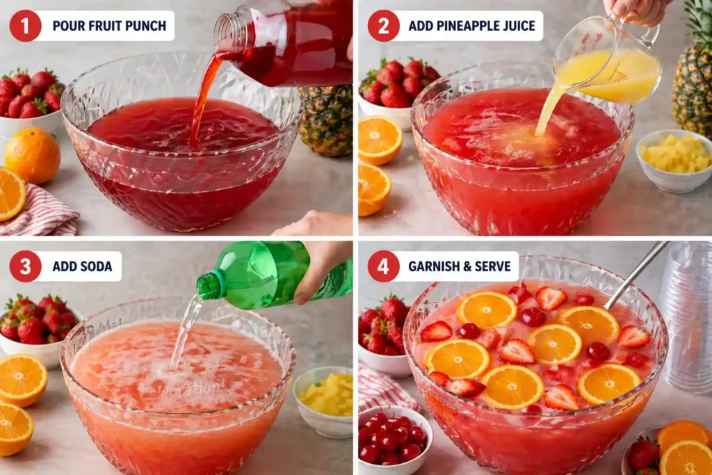 Step by step party punch recipe with fruit punch pineapple juice soda and fruit garnish