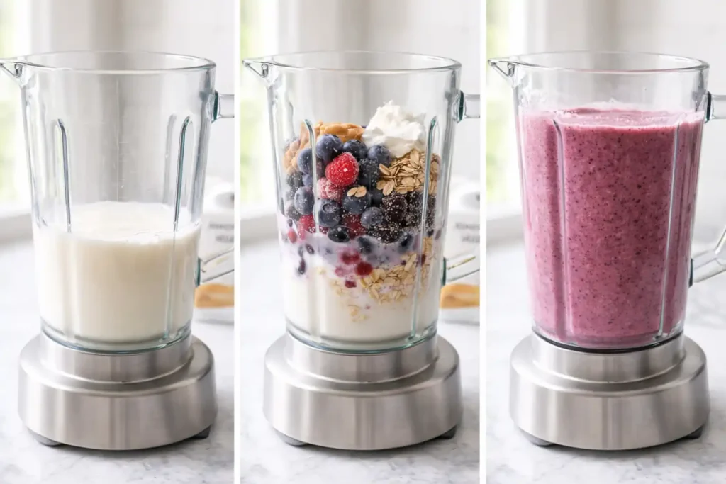 Step by step collage showing ingredients added to blender and blended smoothie without banana