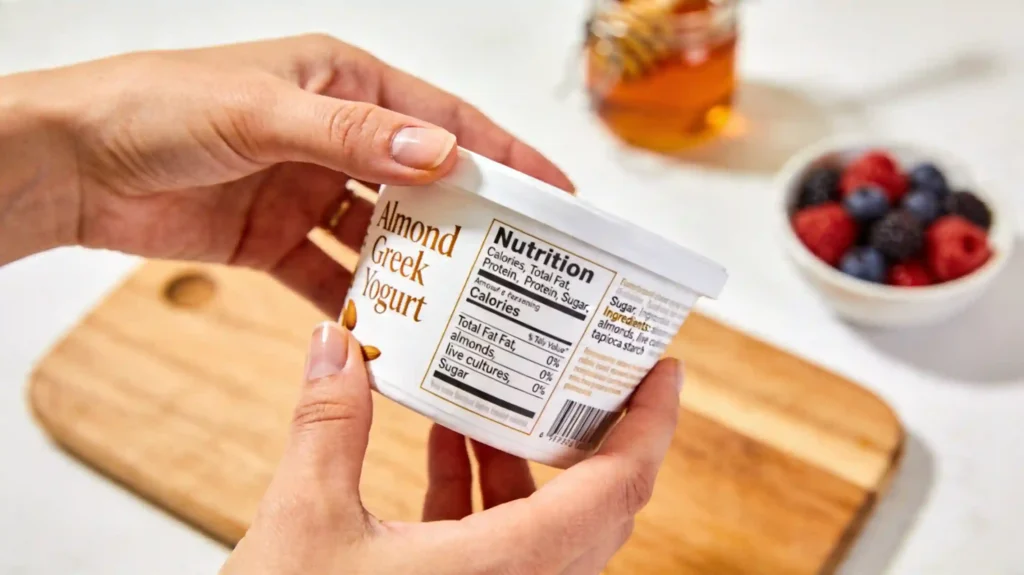 Hands holding a dairy-free almond yogurt container and reading the nutrition facts label on the back.