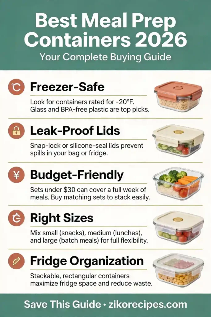Vertical infographic with 5 tips for choosing the best meal prep containers: freezer-safe, leak-proof lids, budget-friendly, right sizes, and fridge organization on a sage green and white background