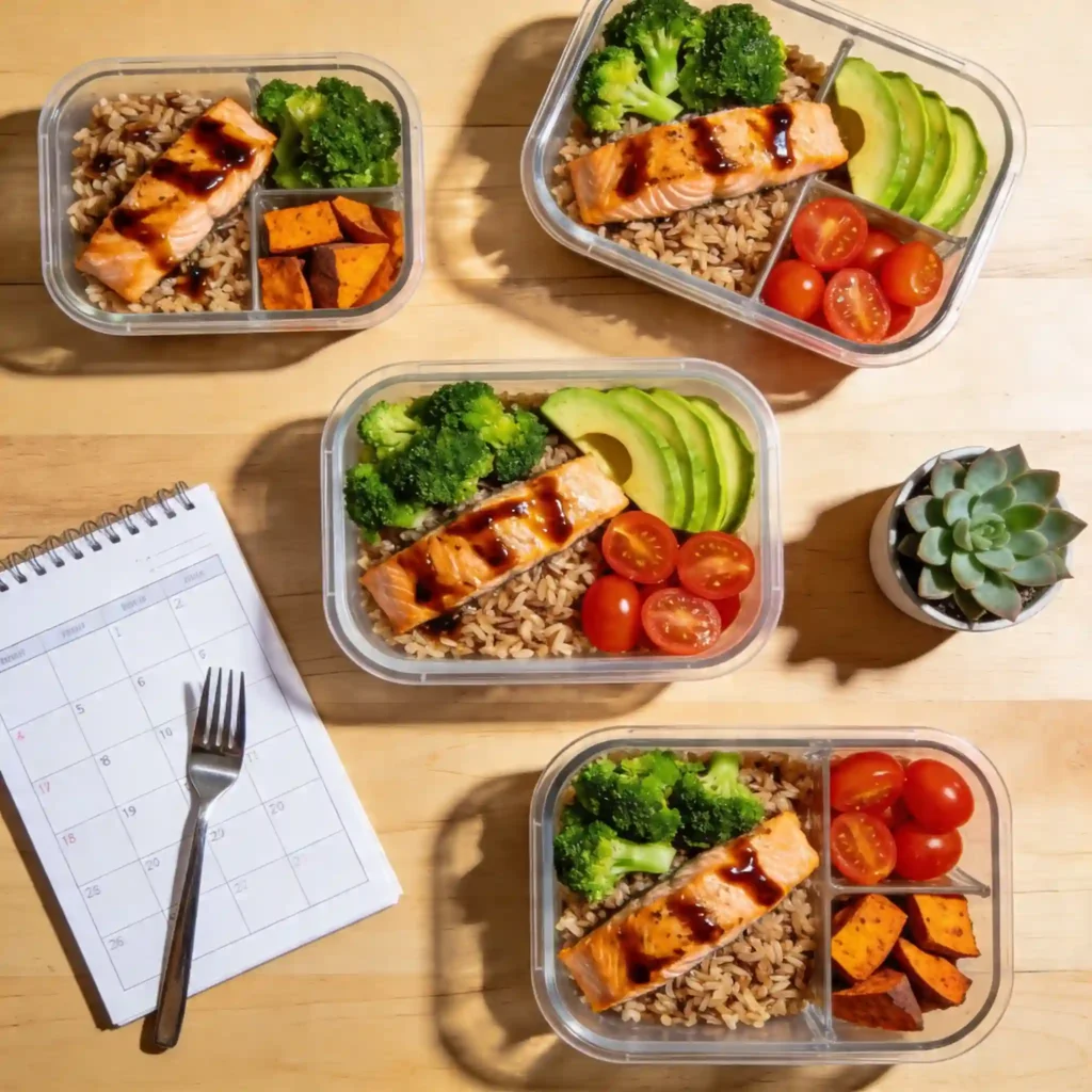 Overhead flat lay of open meal prep containers filled with colorful healthy meals including salmon, broccoli, avocado and sweet potato on a wood surface