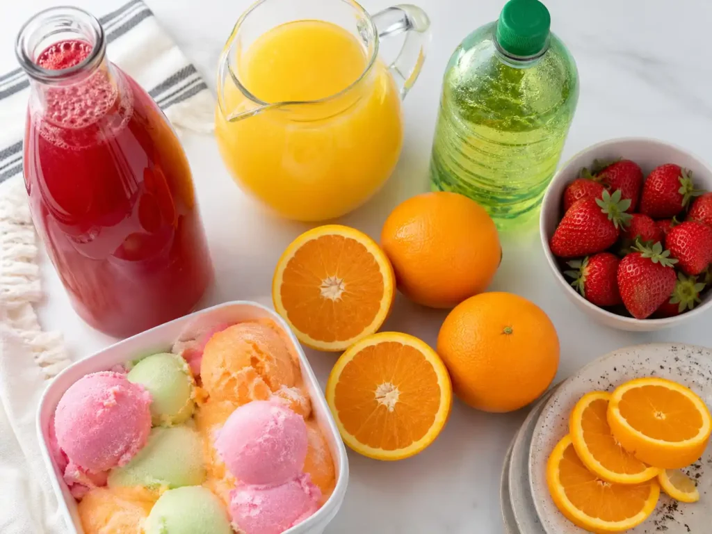 Party punch ingredients with fruit punch pineapple juice ginger ale oranges and sherbet