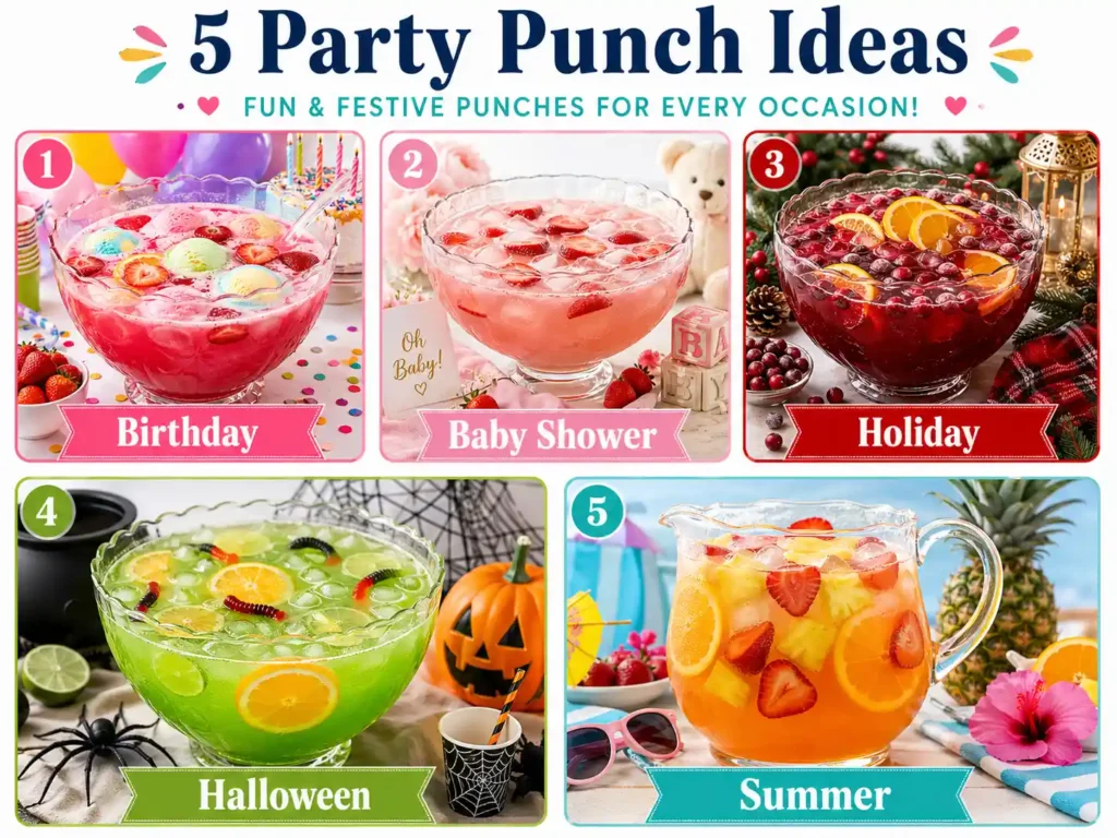 Party punch variations for birthday baby shower holiday Halloween and summer parties