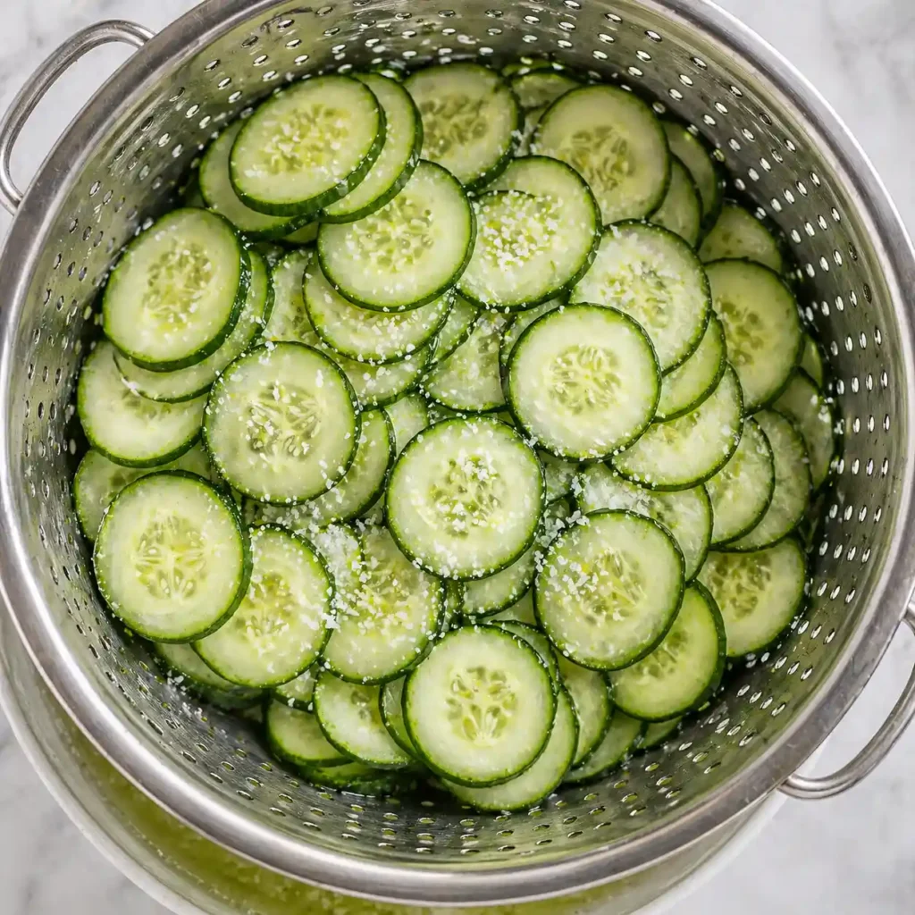 salted cucumber slices draining in a colander