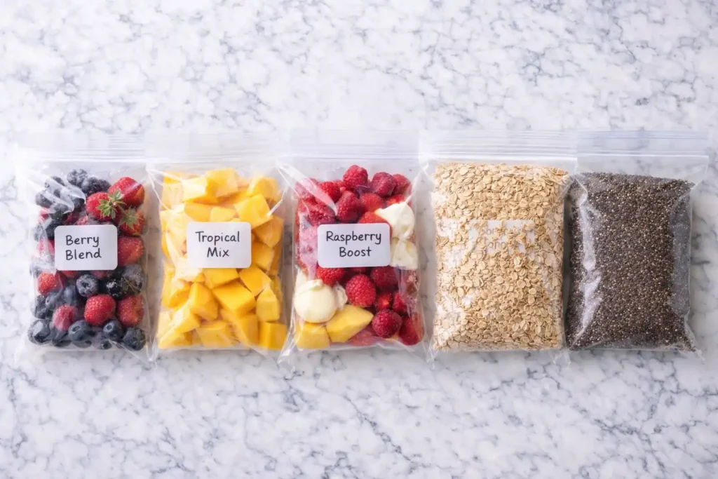 Freezer packs for smoothie without banana with berries mango oats and chia seeds