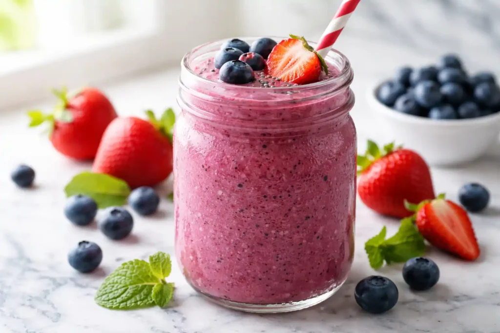 : Smoothie without banana made with mixed berries in a glass jar