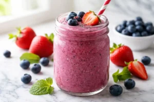 : Smoothie without banana made with mixed berries in a glass jar