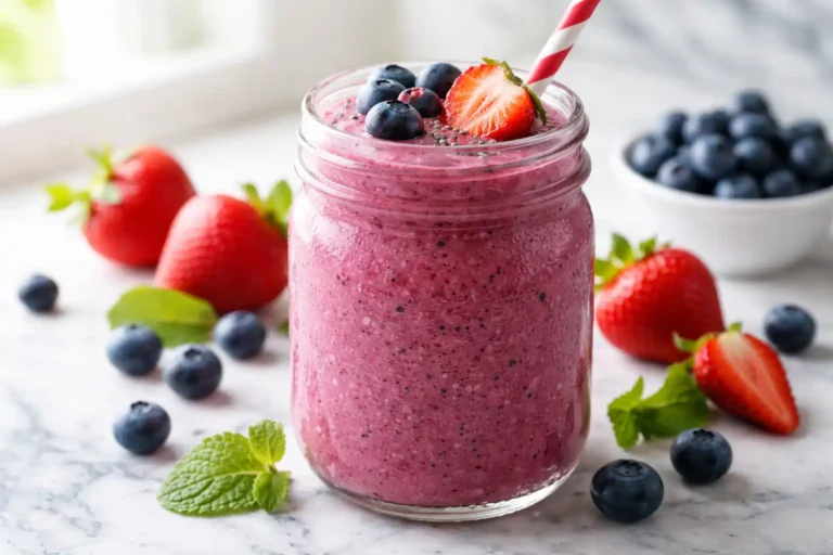 : Smoothie without banana made with mixed berries in a glass jar