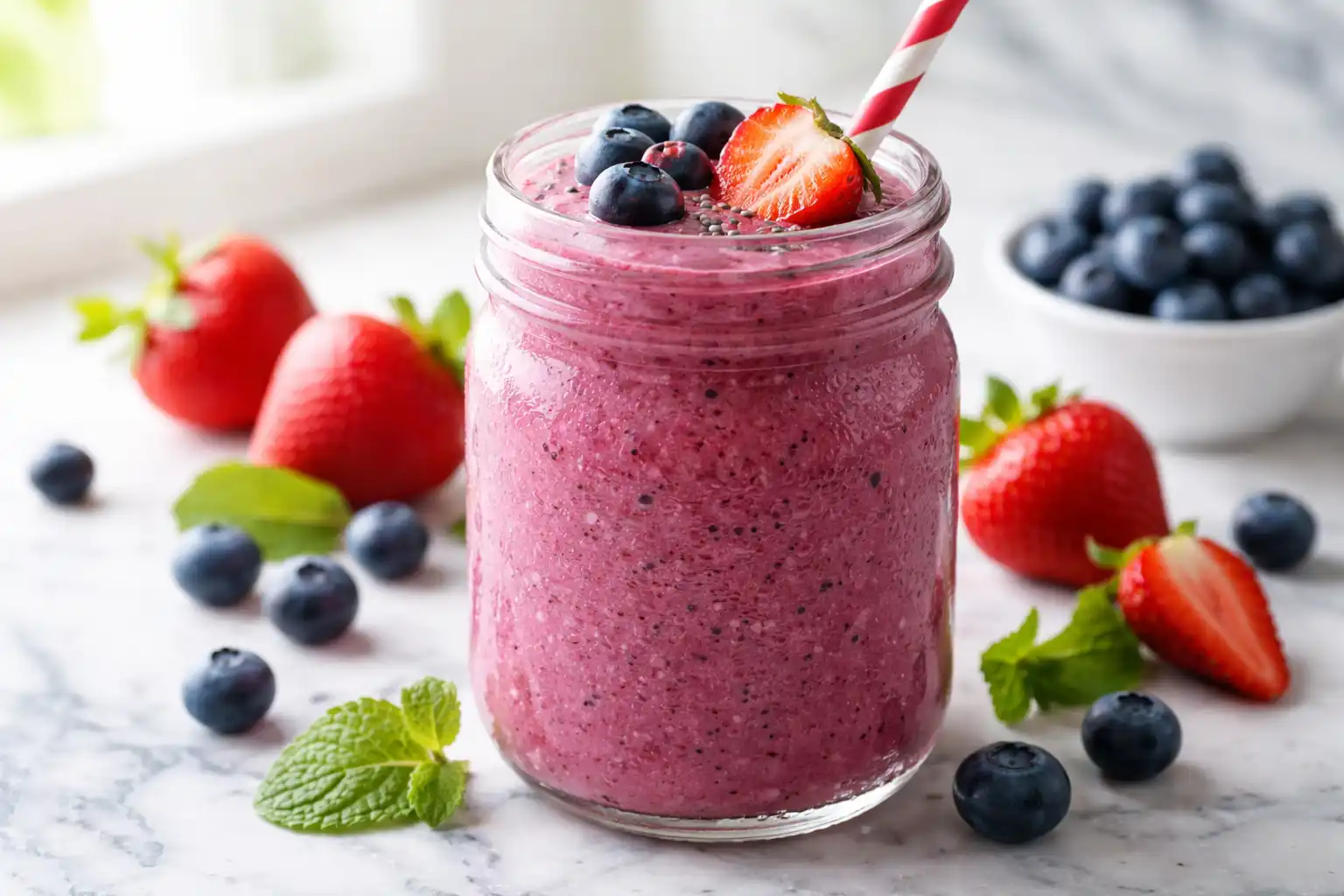: Smoothie without banana made with mixed berries in a glass jar