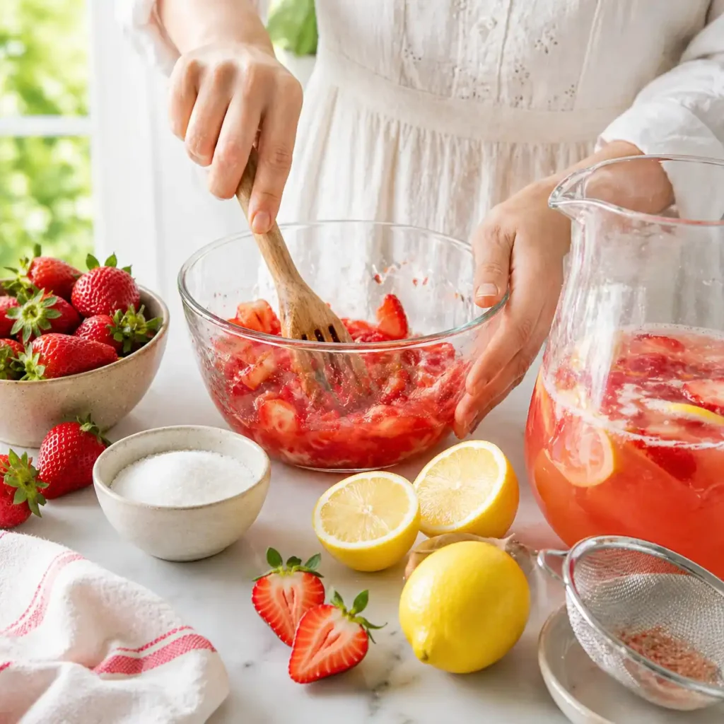 Sliced strawberries mixed with sugar for no-blender strawberry lemonade
