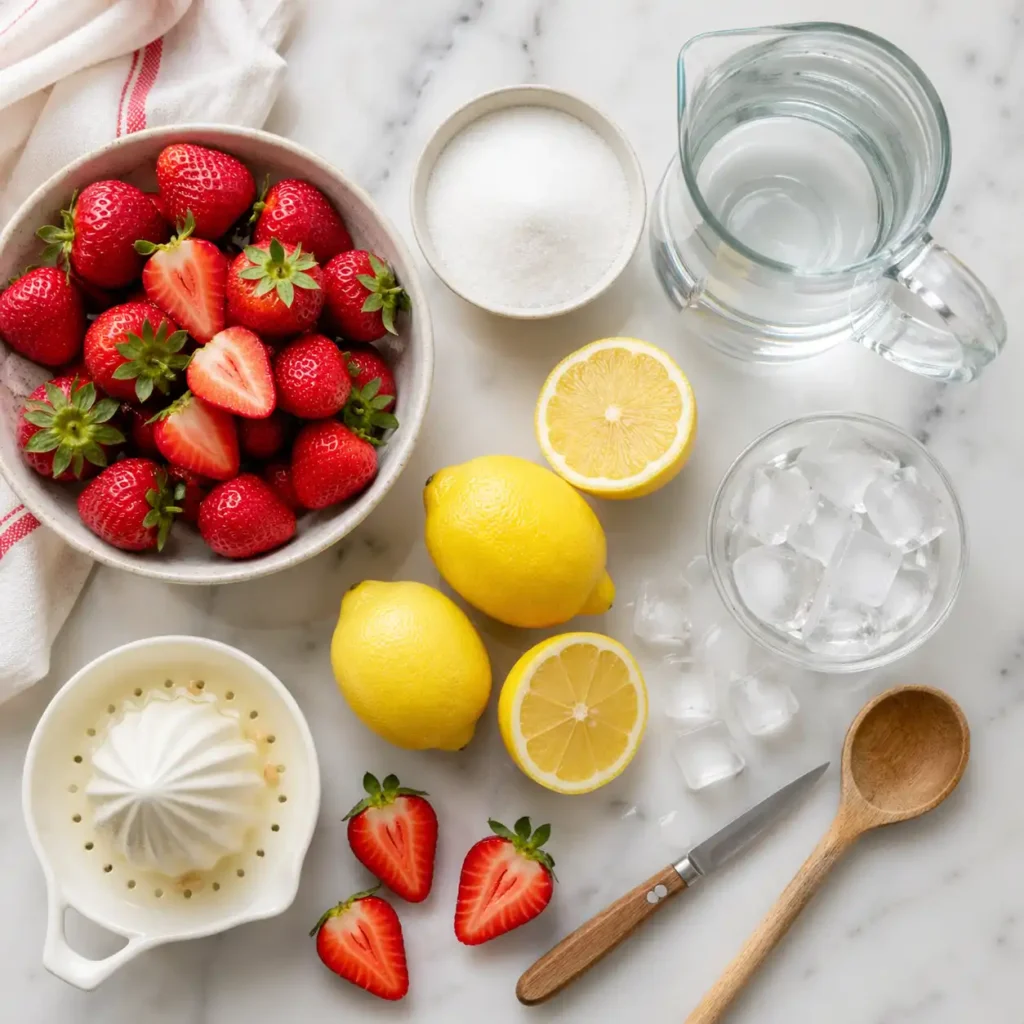 Fresh strawberries, lemons, sugar, water, and ice for homemade strawberry lemonade
