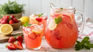 Strawberry lemonade recipe served in a glass with fresh strawberries and lemon slices