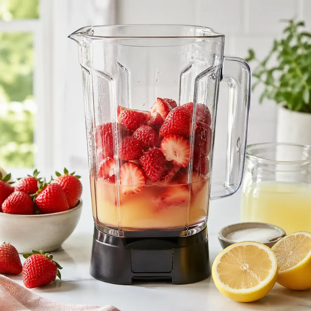 Fresh strawberries blended into puree for strawberry lemonade
