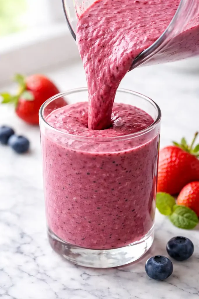 Thick smoothie without banana being poured from blender into a glass