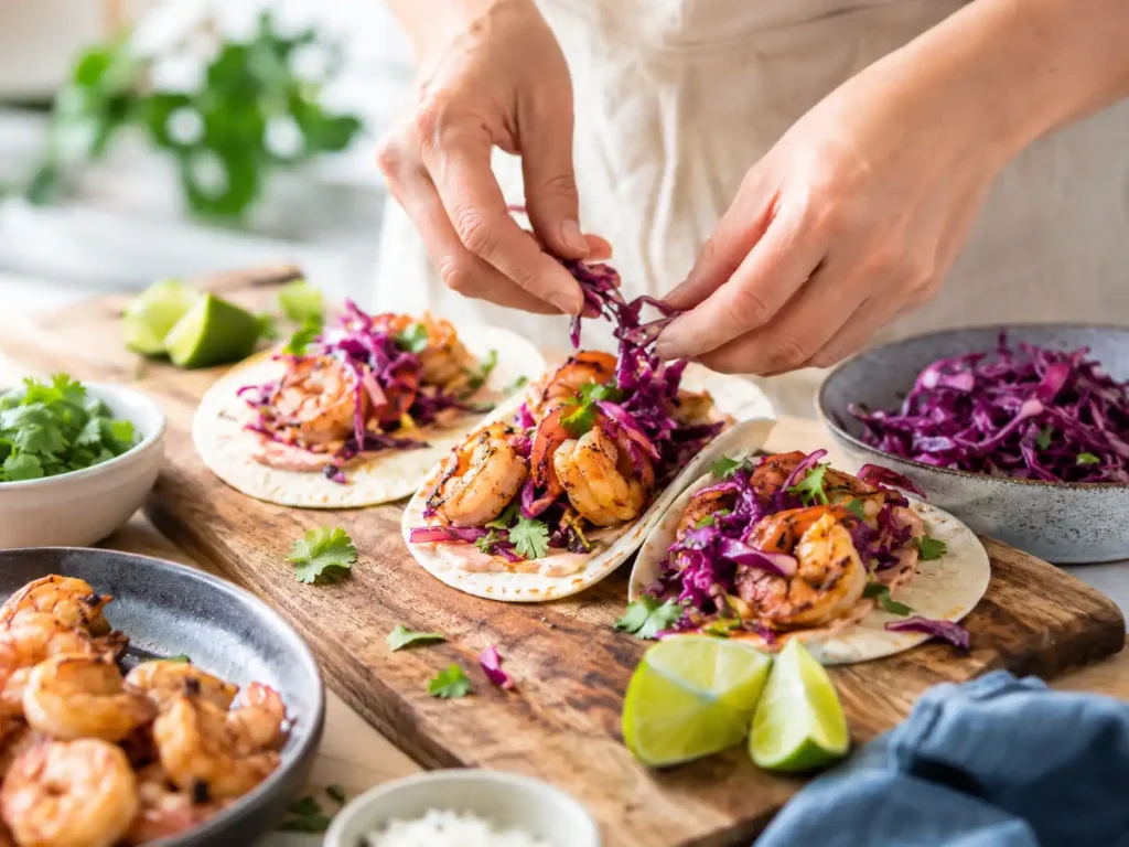 15-minute summer meals including fast and easy shrimp tacos with cabbage slaw.