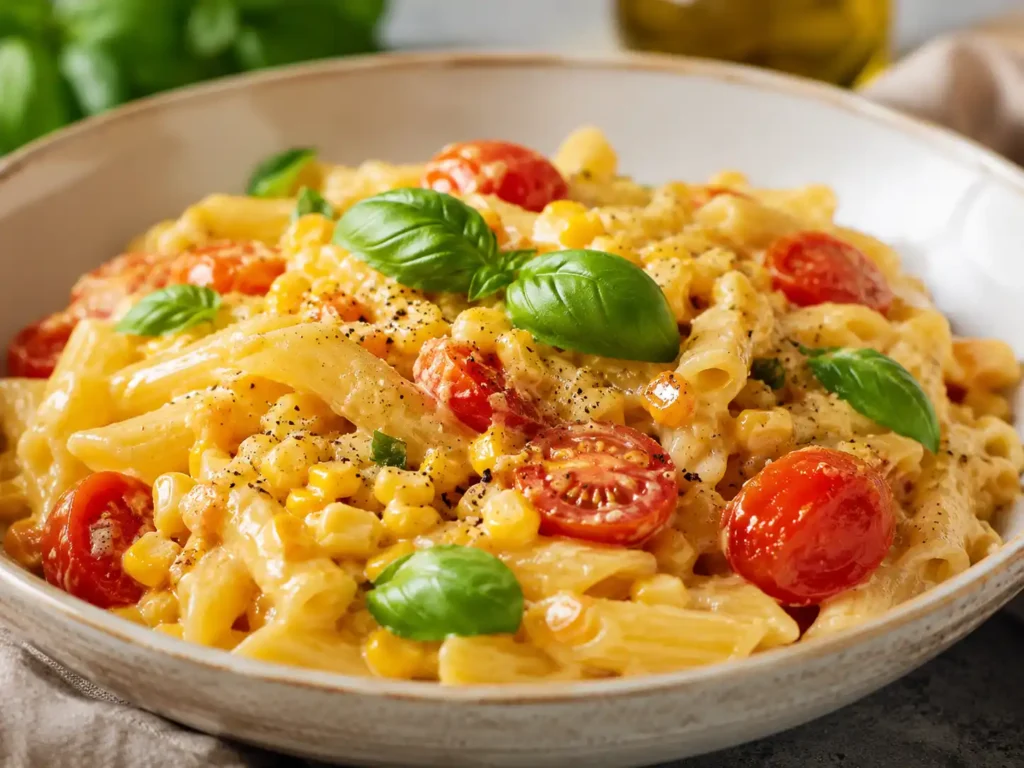 30-minute summer dinners featuring creamy sweet corn and cherry tomato pasta.