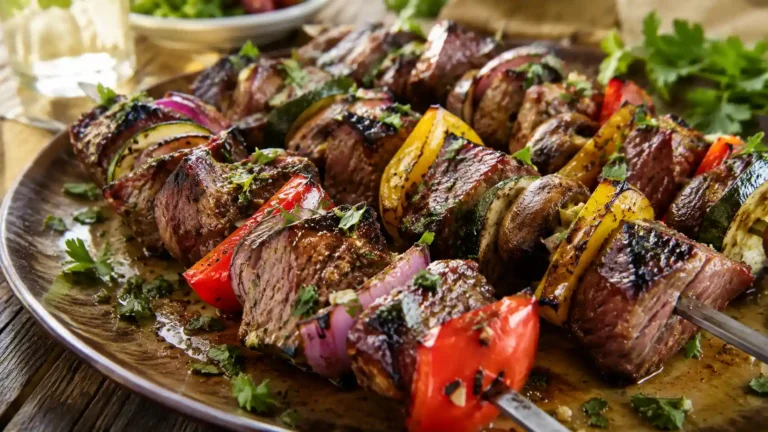 Juicy steak kabobs on the grill with peppers, onions, zucchini, and mushrooms on a summer table