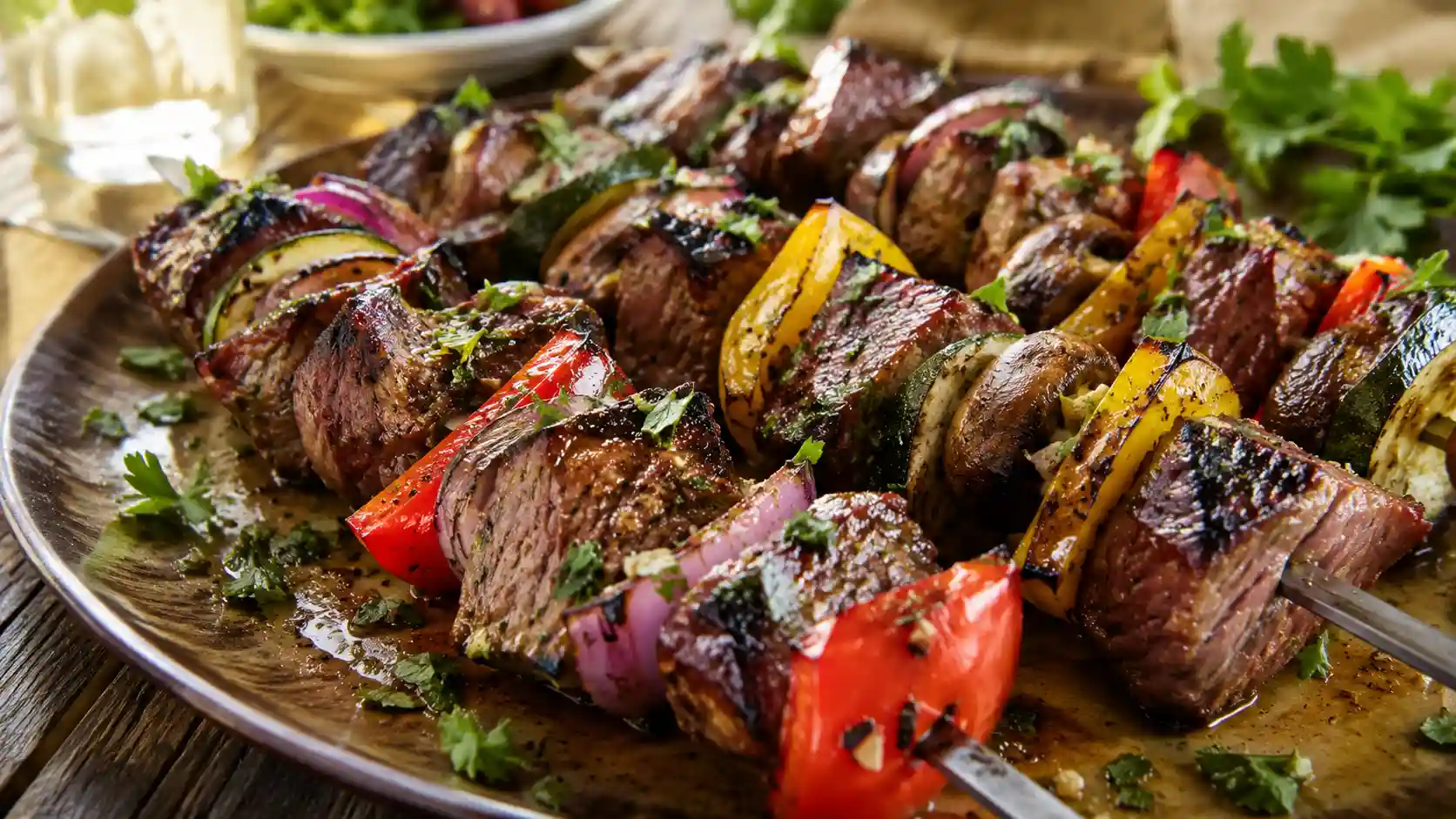 Juicy steak kabobs on the grill with peppers, onions, zucchini, and mushrooms on a summer table