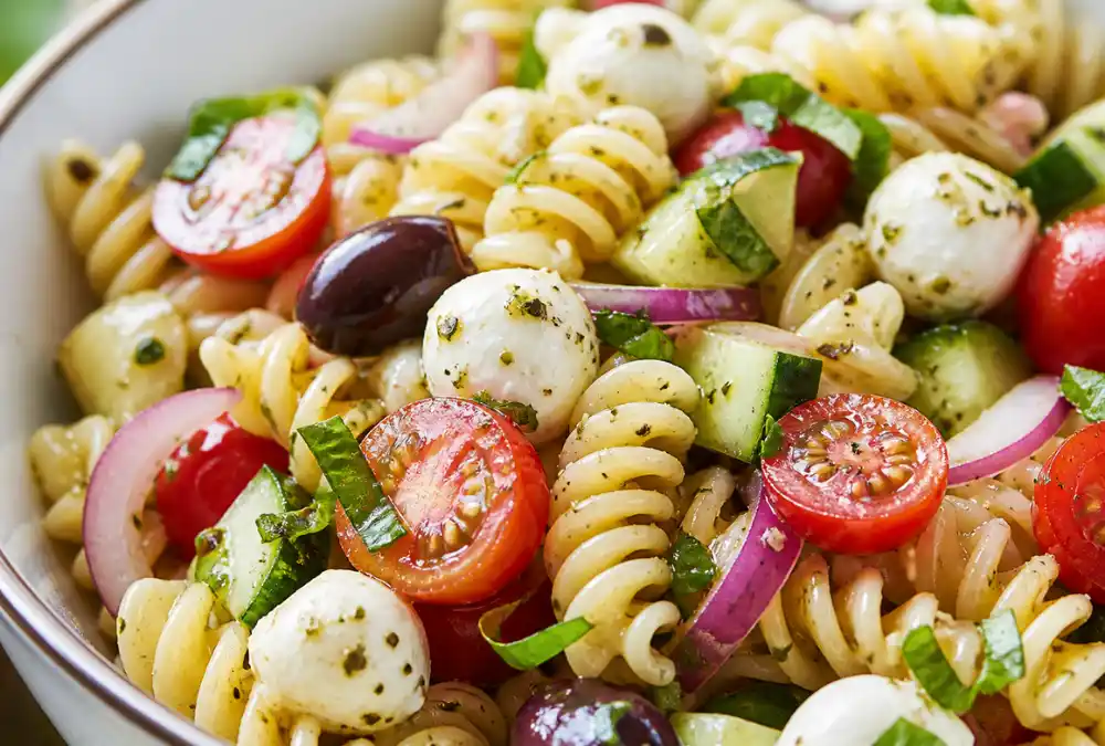 Close-up of summer pasta salad with fusilli, cherry tomatoes, cucumber, mozzarella, olives, and red onion