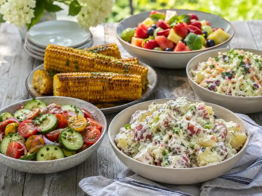 A balanced summer BBQ menu with creamy potato salad, crisp cucumber salad, grilled corn, and fruit salad