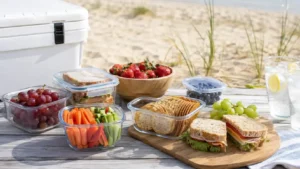 Beach snacks ideas with fruit, sandwiches, crackers, veggie cups, cold drinks, sealed containers, and a cooler