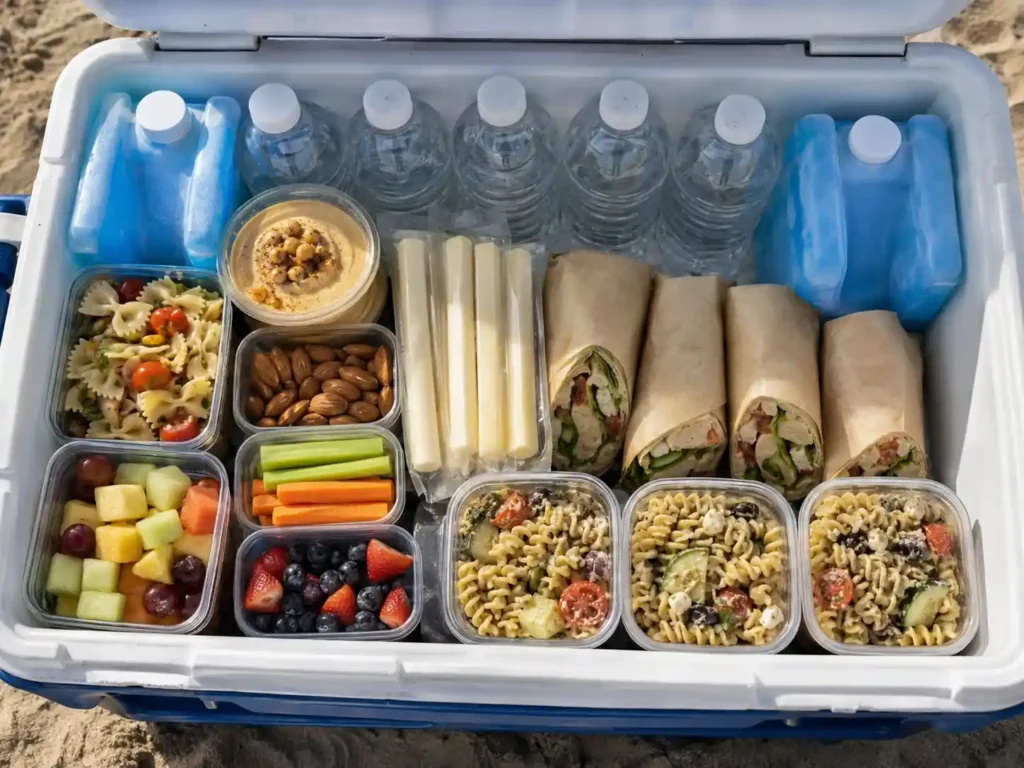 Organized beach snacks by need including no cooler snacks, fruit, kid snacks, adult snacks, and cooler foods