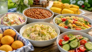 Assorted cookout side dishes on an outdoor summer table Assorted cookout side dishes on an outdoor summer table