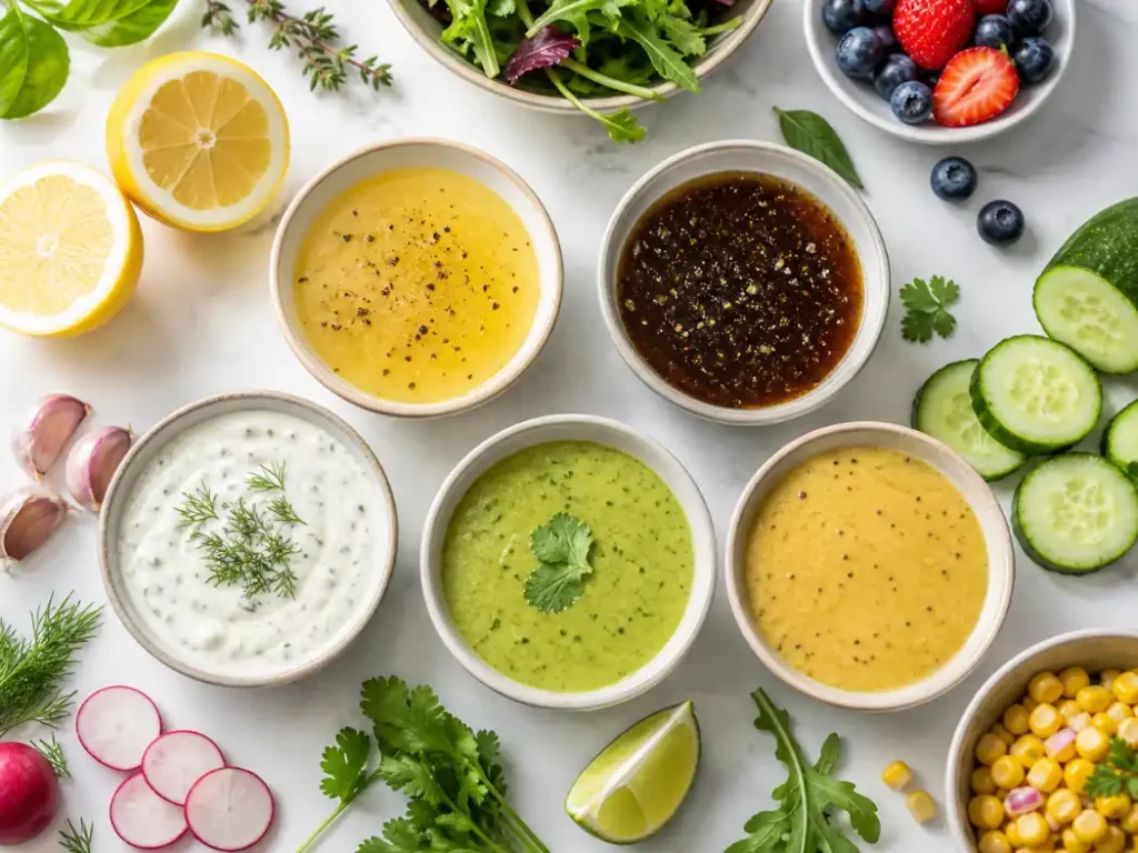 Best dressings for summer salads including lemon vinaigrette, balsamic, yogurt dressing, and lime cilantro dressing