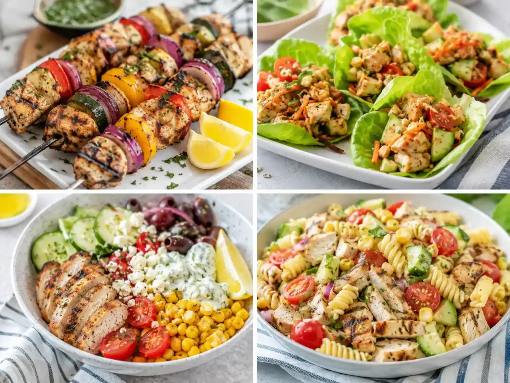 Four summer chicken dinner ideas including grilled chicken kabobs, chicken lettuce wraps, Mediterranean chicken bowls, and chicken pasta salad