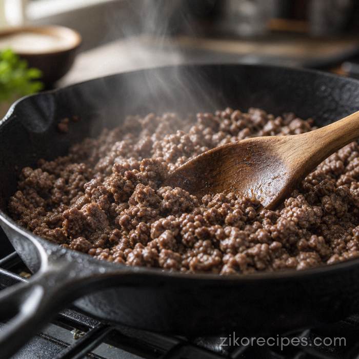 Ground beef browning in a large cast iron skillet before adding cheese and tomatoes.