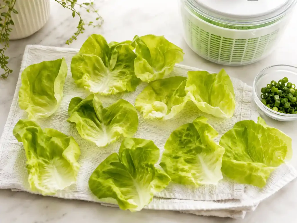 Butter lettuce leaves washed, dried, and arranged as cups for chicken lettuce wraps