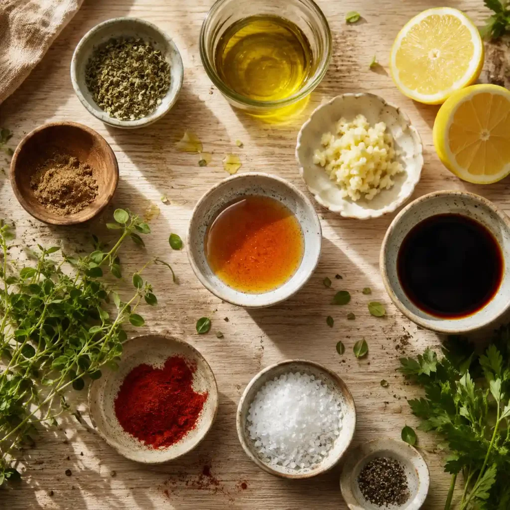 chicken kabob marinade ingredients with lemon garlic olive oil honey and spices