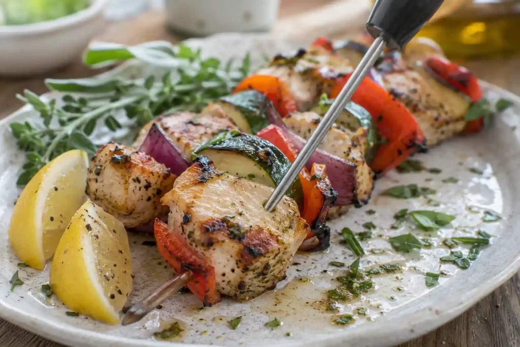 grilled chicken kabob checked with thermometer showing safe doneness