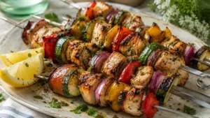 Chicken kabobs on the grill with bell peppers zucchini and red onion