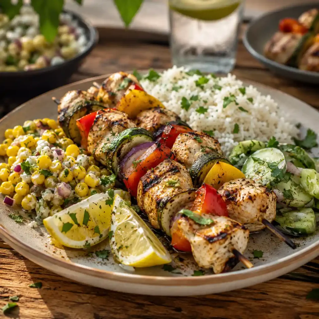 grilled chicken kabobs served with corn salad rice and summer salad