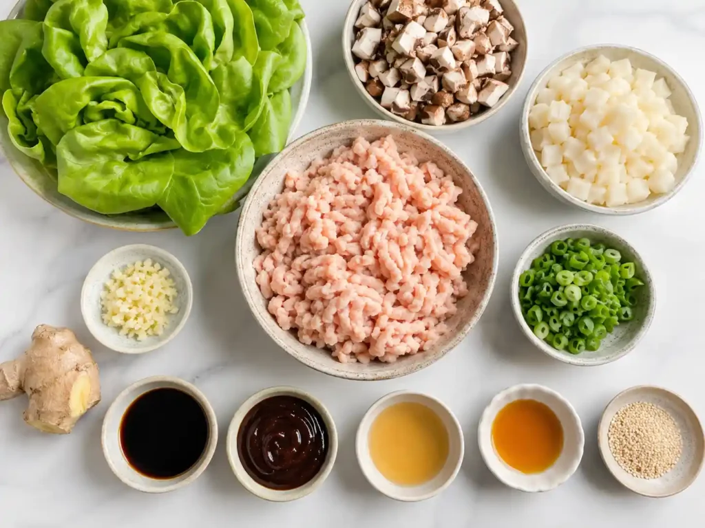 Ground chicken, butter lettuce, water chestnuts, ginger, garlic, soy sauce, hoisin sauce, and sesame oil for chicken lettuce wraps