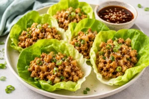 Chicken lettuce wraps filled with ground chicken, water chestnuts, green onions, and sesame seeds in butter lettuce cups