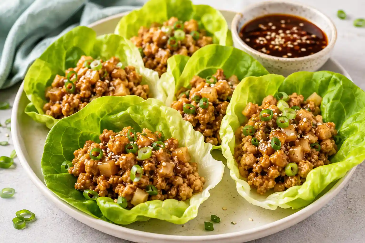 Chicken lettuce wraps filled with ground chicken, water chestnuts, green onions, and sesame seeds in butter lettuce cups