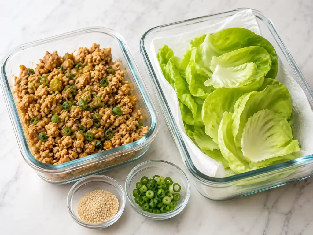 Chicken lettuce wrap filling packed in one container with dry lettuce leaves packed separately for meal prep