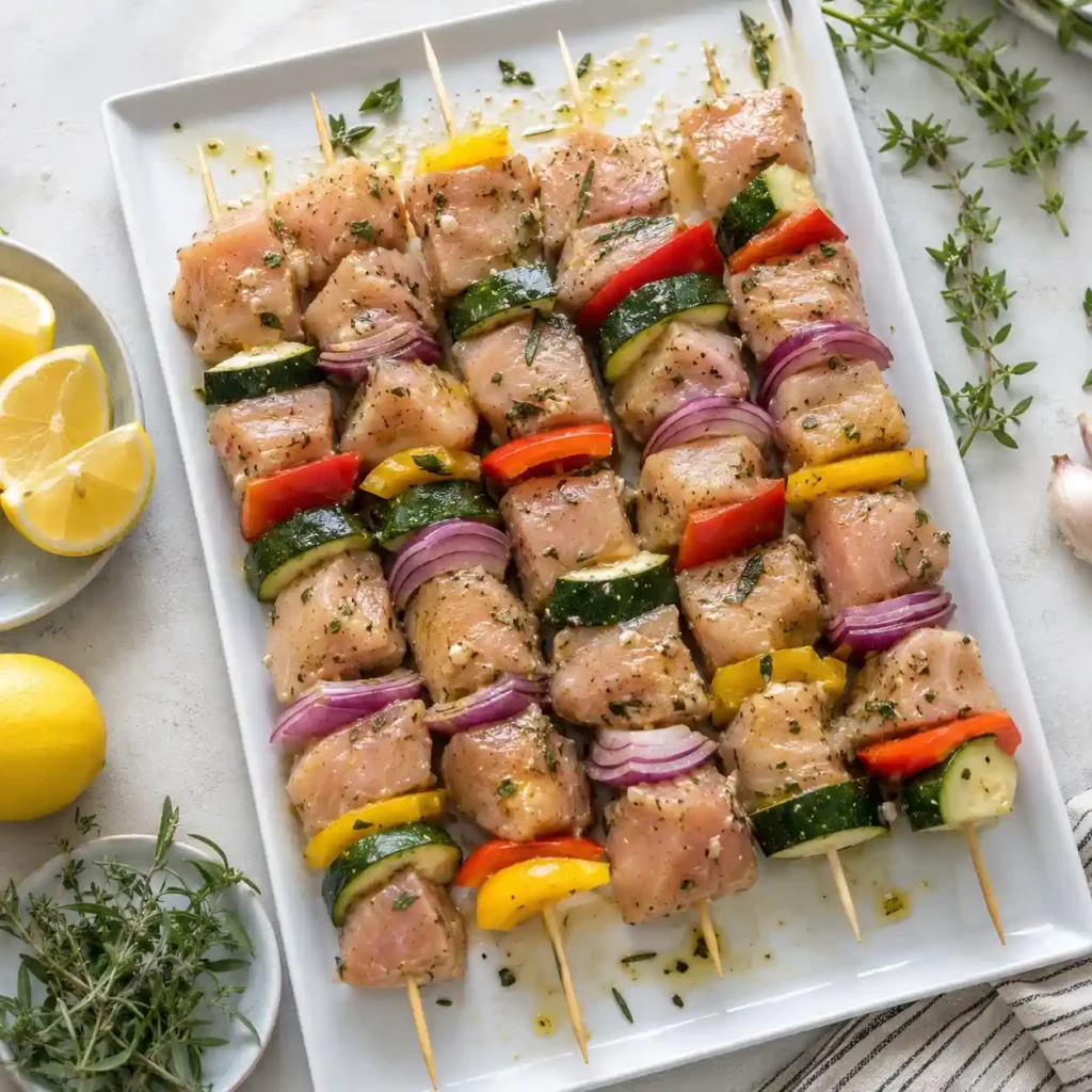 raw chicken skewers with peppers zucchini and red onion ready for grilling