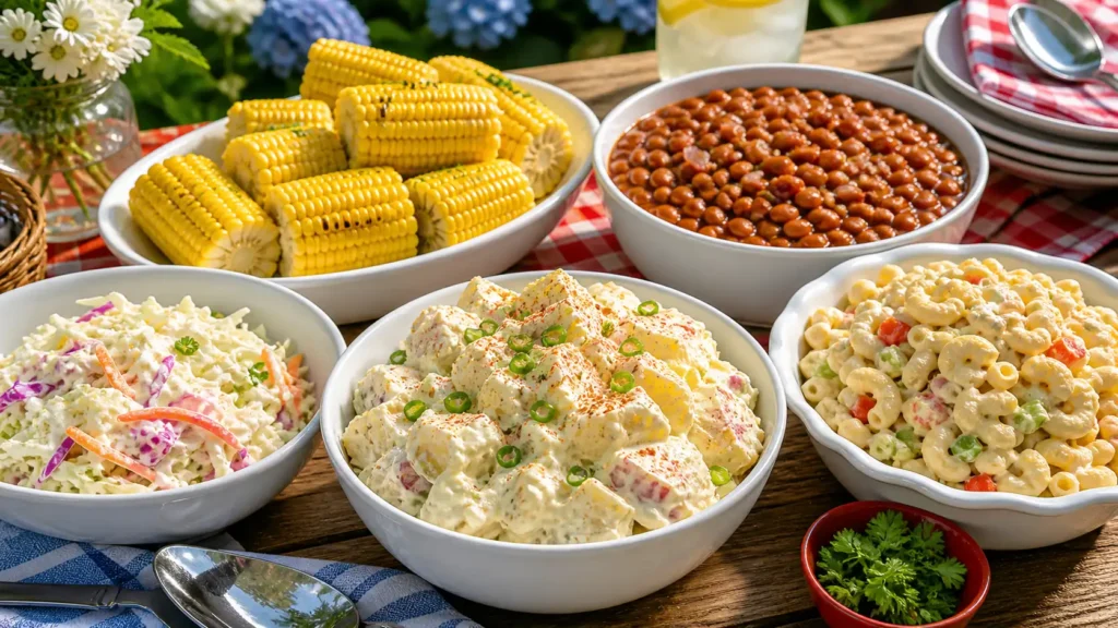 Classic BBQ side dishes including potato salad, baked beans, slaw, and corn